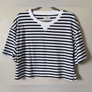 Madewell Womens Sz.L Boxy Cropped Navy/White Striped Tee Nautical Coastal Beachy